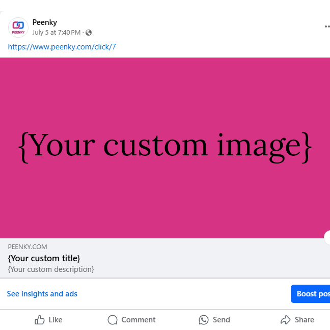 Illustration of a generated thumbnail on Facebook.
    There is a horizontal banner with a purple background.
    A title, in uppercase and pink: PEENKY.COM.
    Below the pink title, there is a white subtitle with a blue background. The subtitle is: 'Custom Thumbnails & Click Analytics'. Below the subtitle, there are 5 key points of the site in black, listed with bullet points. The 5 key points are:

    Upload your own images for impactful thumbnails
    Easy and quick customization
    Click tracking and analysis
    Boost your engagement and traffic
    Attract more visitors

    Below the horizontal banner, there is the website address in gray, uppercase: PEENKY.com.

    Under the website address, there is a bold black title: 'Custom Title'.

    Below the black title, there is a gray description: 'Custom description'.